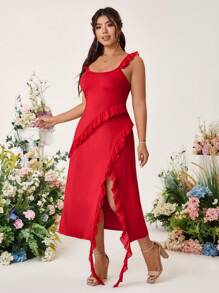 SHEIN Belle Plus Size Women Solid Color Patchwork Ruffle Hem Side Slit Elegant Valentine's Day Red Dress - Red - View 3