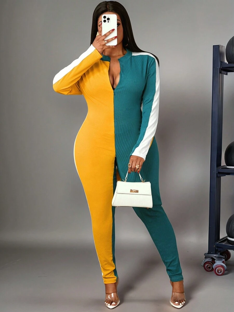 Slaydiva Damen Große Größen Lässig Raglan Ärmel Splice Zweifarbiger Rippenstoff Jumpsuit - Verschiedenfarbig - Übersicht 1