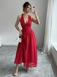 SHEIN Raffinéa 女士优雅纯色花卉印花挂脖长裙 - 紅色 - 查看 6