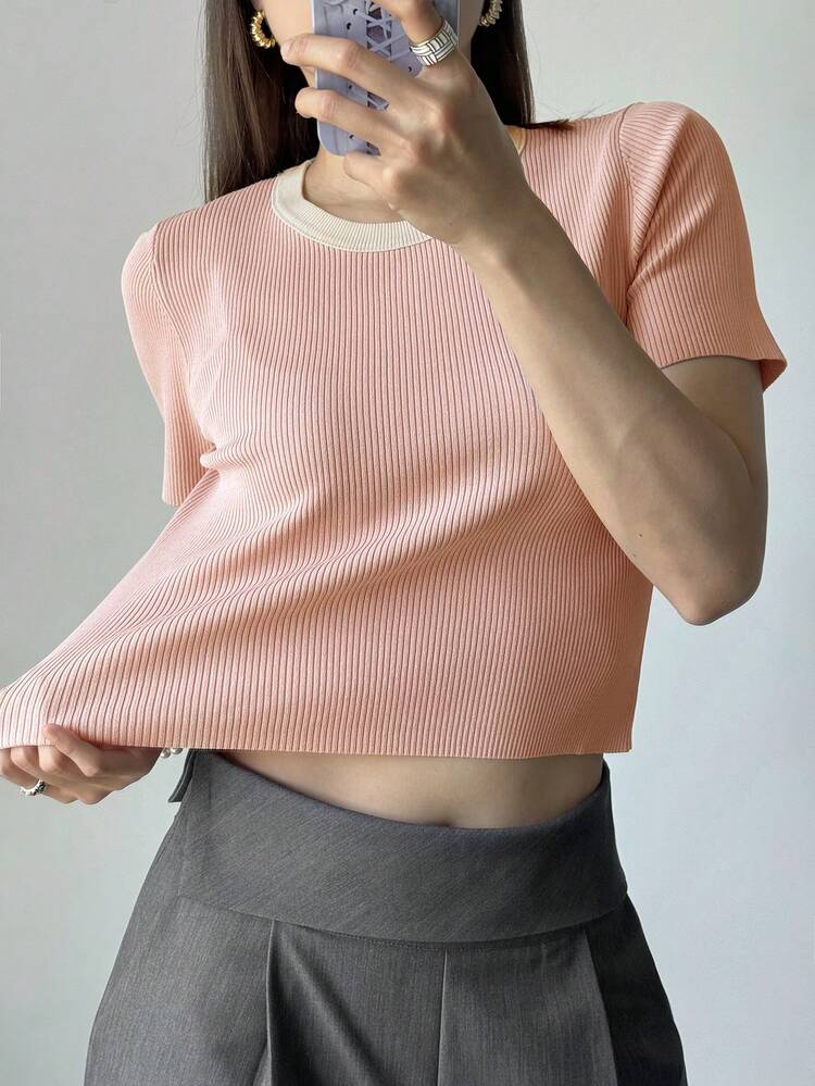Women'sContrastColorBlock Round Neck Fitted Short Sleeve Knit Top,Pink,Spring/Summer