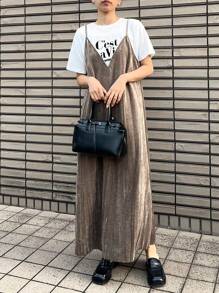 FRIFUL Damen einfarbiges Trägerkleid, lässiges strukturiertes, locker sitzendes Midikleid, Sommerkleid, Herbstkleid mit Langarm - Khaki - Übersicht 1