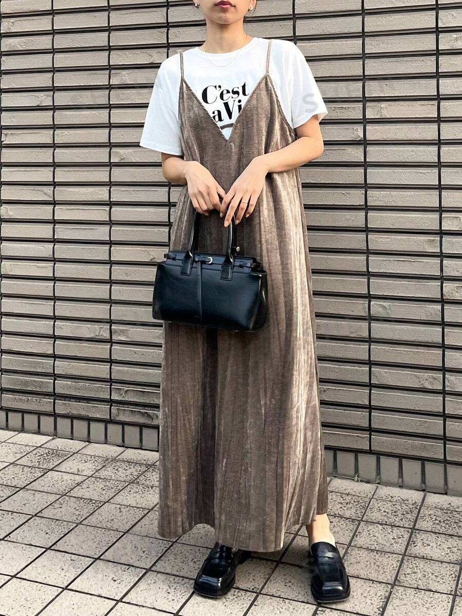 FRIFUL Damen einfarbiges Trägerkleid, lässiges strukturiertes, locker sitzendes Midikleid, Sommerkleid, Herbstkleid mit Langarm - Khaki - Übersicht 1
