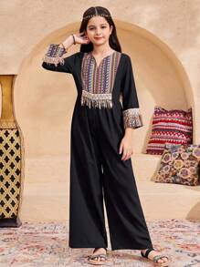 SHEIN Tween Girls' Loose Casual Solid Color Patchwork Pattern Tassels Decor Jumpsuit - Black - View 1