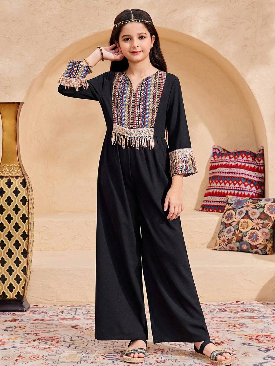 SHEIN Tween Girls' Loose Casual Solid Color Patchwork Pattern Tassels Decor Jumpsuit - Black - View 1