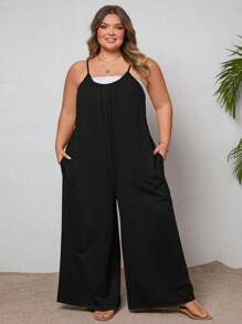 SHEIN CURVE+ Plus Size Solid Color Loose Jumpsuit With Pockets, Without Top - Black - View 4