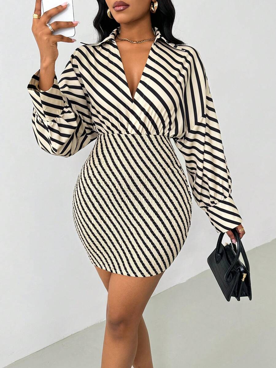 Zolique 女士春夏条纹简约时尚日常休闲侧长袖衬衫裙