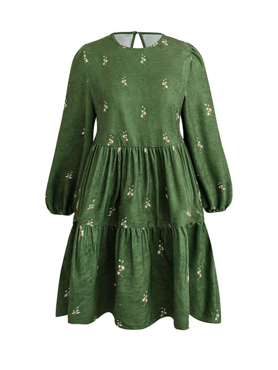 Flirla Große Größen Damen Rundhals Laternärmel Hohe Taille Rüschensaum Mini Smock Kleid, Herbst