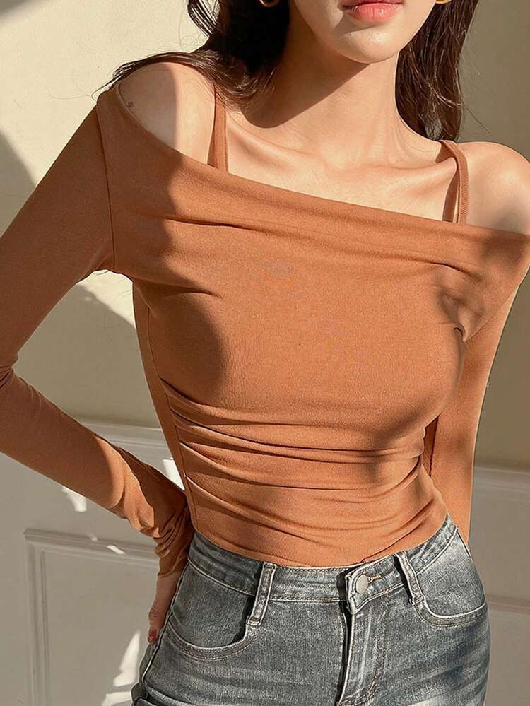 Off-Shoulder Tight Fit T-Shirt For Women,Off Shoulder Top Long Sleeve Women Tops,Fall Women Clothes