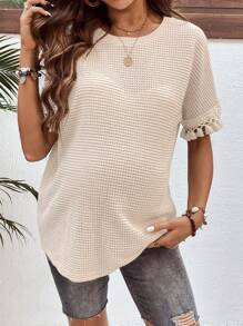 SHEIN Mutterschafts-T-Shirt mit einfarbigem rundem Kragen, Fledermausärmeln, Patchwork, Quastenbündchen und loser Passform - Khaki - Übersicht 5