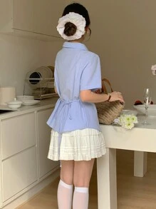 DAZY 女士单排扣口袋短袖条纹休闲衬衫夏季 - 藍色 - 查看 2