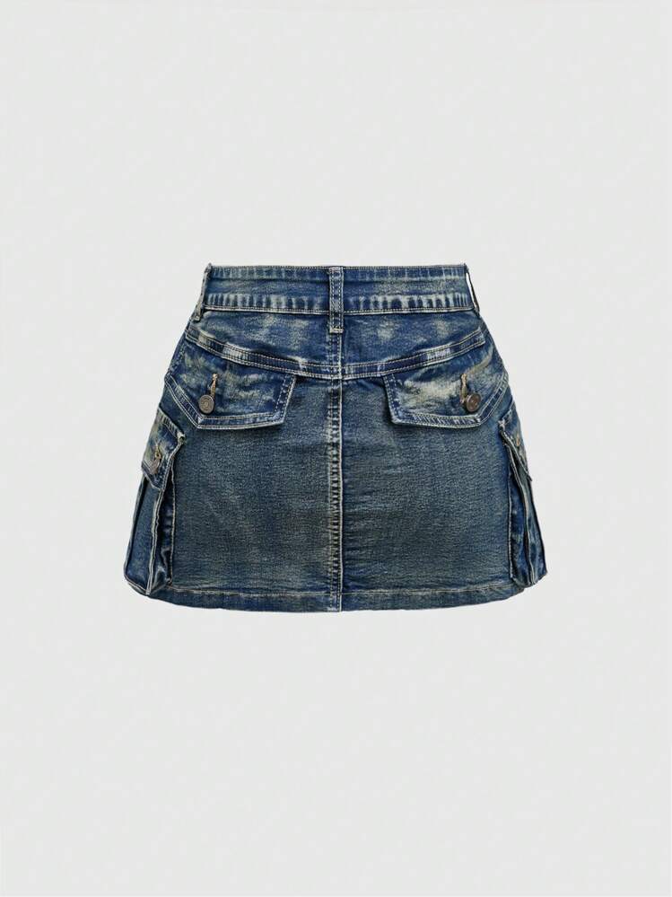 ROMWE Kawaii Y2K Vintage Washed Zip Up Low Waist Mini Denim Skirt