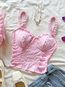 Soleia Top sin mangas de estilo retro para mujer con textura de encaje, volantes y lazo, en color rosa romántico y sensual - Rosa - Ver 4