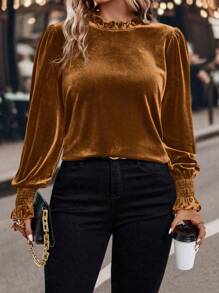 SHEIN Clasi Plus Size Women Solid Color Frill Trim Round Neck Batwing Sleeve Casual T-Shirt, Autumn - Coffee Brown - View 4