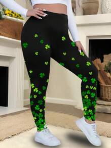 SHEIN LUNE Plus Size Women's Random Four-Leaf Clover Leaf Print Tight Leggings, Stretch Workout Pants For Autumn/Spring - Black - View 3
