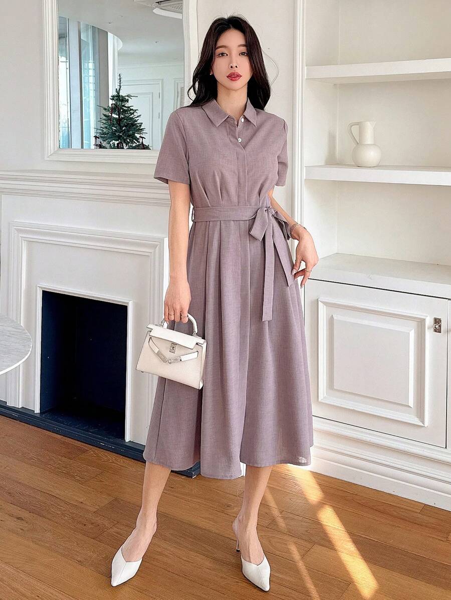 DAZY 女士纯色系带中长连衣裙，太阳裙衬衫裙，休闲女装