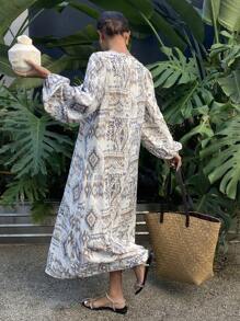 Livesso Print Straight Loose Beach Cover Up Midi Dress For Women Long Sleeve Dress Vacation Outfits Women - Beige - View 2