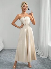 SHEIN Clasi Women's Elegant Pleated Strapless Apricot Color Wide Leg Long Jumpsuit, Fashion Streetwear For Vacation Outfits Woman Summer Outfits For Women Beach Outfits For Woman Mardi Gras  Beach Vacation Wear  BohoJumpsuit Women Western Wear Women Festival  Old Money