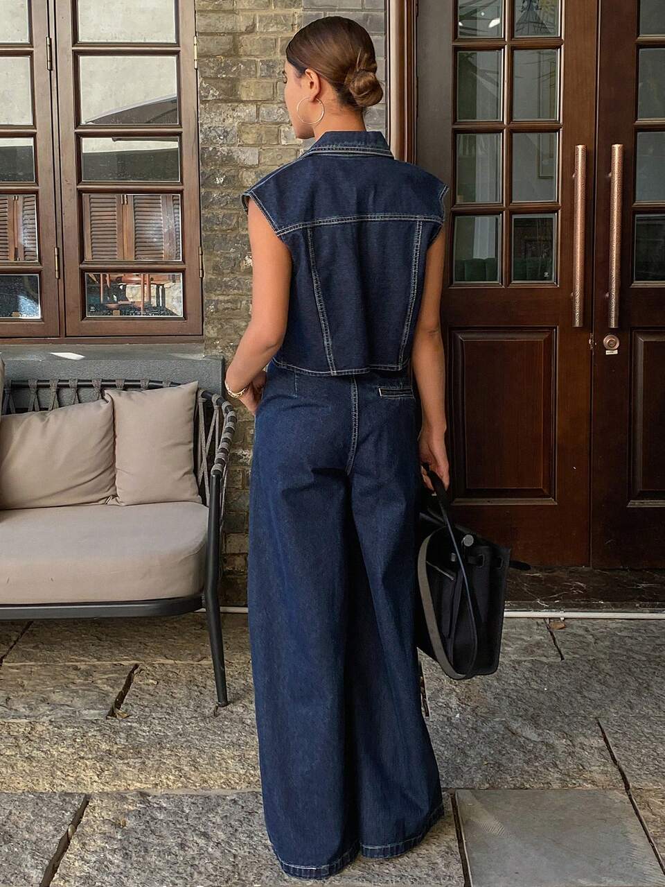 Women's Single-Breasted Vest And Wide Leg Jeans Loose Denim Suit