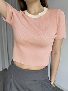 DAZY 女式撞色圆领修身短袖针织上衣，粉色，春夏 - 粉色 - 查看 3
