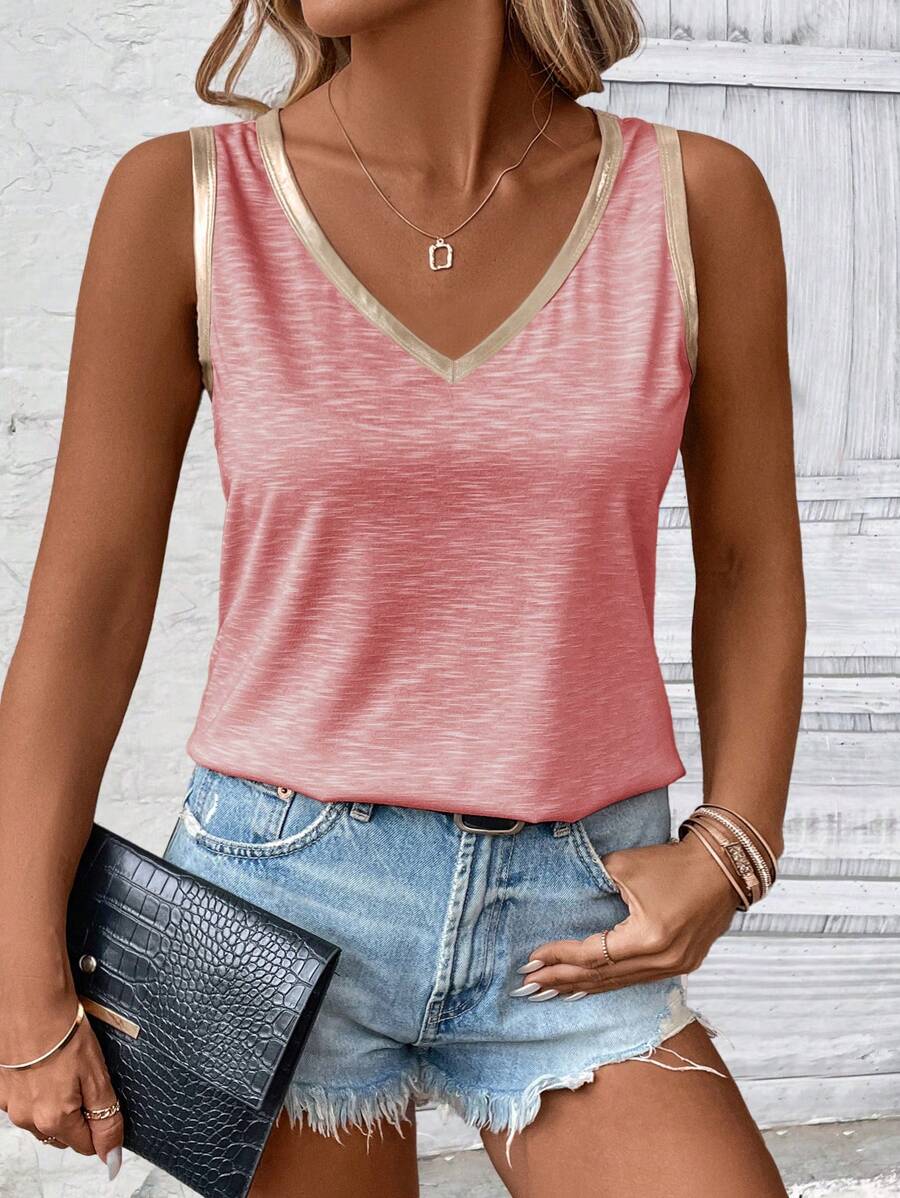 INAWLY Áo thun nữ cổ chữ V mùa xuân/hè màu trơn dáng rộng với màu sắc tương phản - Hồng - Xem 1
