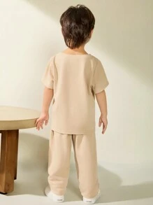2 件套休闲百搭短袖 T 恤和长裤套装，适合年轻男孩，适合外出、上学、日常聚会、春夏季 - 杏色 - 查看 2