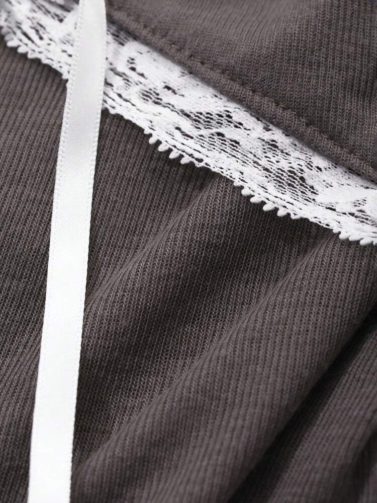 Lace Panel 2 In 1 Long Sleeve T-Shirt For Women, Spring,Fall Women Clothes