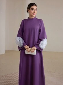 Graceveil Váy chữ A dài tay phong cách Ả Rập dành cho nữ có cổ đứng và điểm nhấn hoa 3D khiêm tốn - Màu tím - Xem 3
