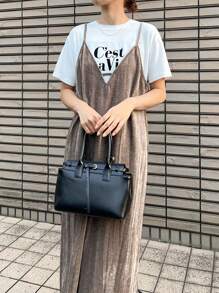 FRIFUL Damen einfarbiges Trägerkleid, lässiges strukturiertes, locker sitzendes Midikleid, Sommerkleid, Herbstkleid mit Langarm - Khaki - Übersicht 5