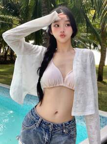 DAZY Women Butterfly Pattern Knitted Short Cardigan Jacket - White - View 5