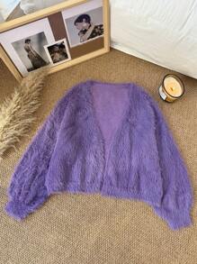 SHEIN Frenchy Áo len cardigan hở vai cỡ lớn cho nữ - Màu tím - Xem 4