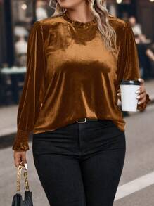 SHEIN Clasi Plus Size Women Solid Color Frill Trim Round Neck Batwing Sleeve Casual T-Shirt, Autumn - Coffee Brown - View 5