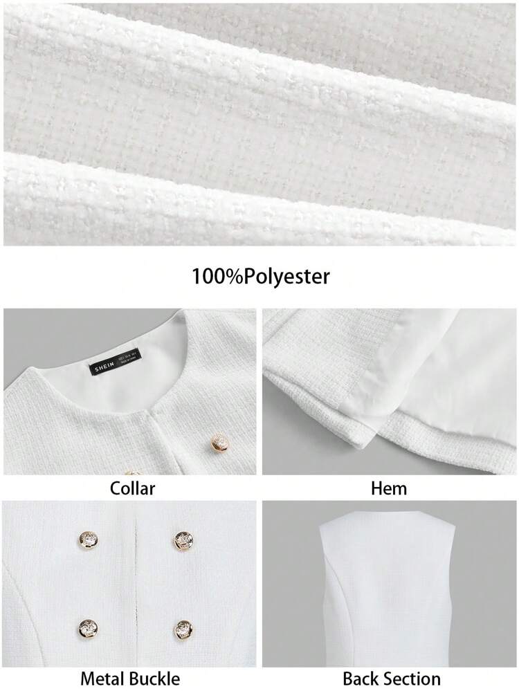 SHEIN Maija 여성용 아이보리 더블 브레스트 메탈 버튼 장식 다용도 우아하고 편안한 현대적 디자인 루즈 숄더 드롭 돌먼 슬리브 크루넥 민소매 오픈 프론트 블레이저 베스트, 정장, 캐주얼, 비즈니스 등 다양한 용도로 적합, 발렌타인데이 올드 머니