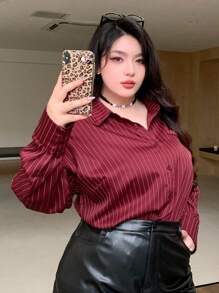 Dazy Plus 加大码常规领条纹宽松长袖衬衫，适合农历新年、春夏秋、秋季女装 - 酒紅色 - 查看 4
