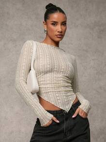 SHEIN BAE 1 件女式花卉蕾丝圆领长袖不对称下摆修身衬衫 - 杏色 - 查看 4