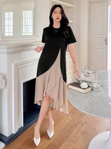 DAZY 女式拼色荷叶边下摆T恤连衣裙太阳裙，休闲女装