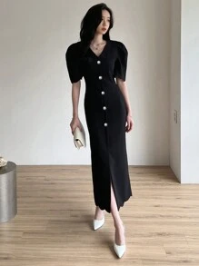 DAZY Đầm maxi nữ màu trơn cổ chữ V tay ngắn dáng ôm, kiểu tay phồng, thích hợp cho mùa xuân/hè. - màu đen - Xem 4