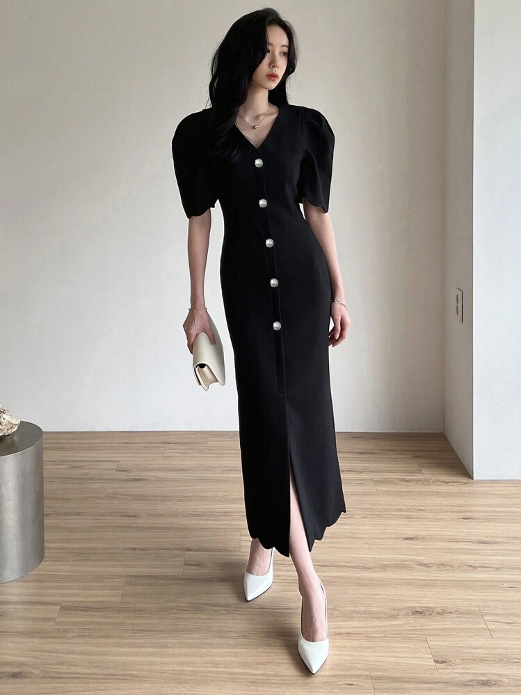 DAZY 女士纯色V领修身短袖泡泡袖连衣裙，春夏吊带长裙 - 黑色 - 查看 4