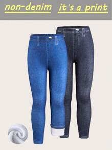 2 件装年轻女孩简约酷炫牛仔效果针织厚款紧身裤，黑色和蓝色 - 彩色 - 查看 1