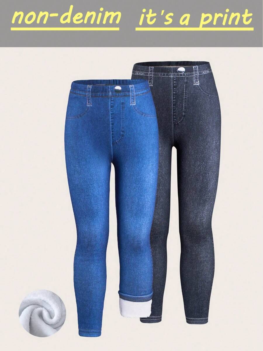 2 件装年轻女孩简约酷炫牛仔效果针织厚款紧身裤，黑色和蓝色 - 彩色 - 查看 1