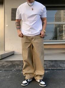 DAZY 男士直筒休闲卡其裤，百搭街头服饰 - 卡其色 - 查看 6