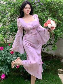 DAZY Spring New Arrival Valentine's Day Plant Print Waist Cinched Sundress, Muse Dress, Vacation Style For Women Floral Elegant,Fall Dress Long Sleeve Dress - Purple - View 1