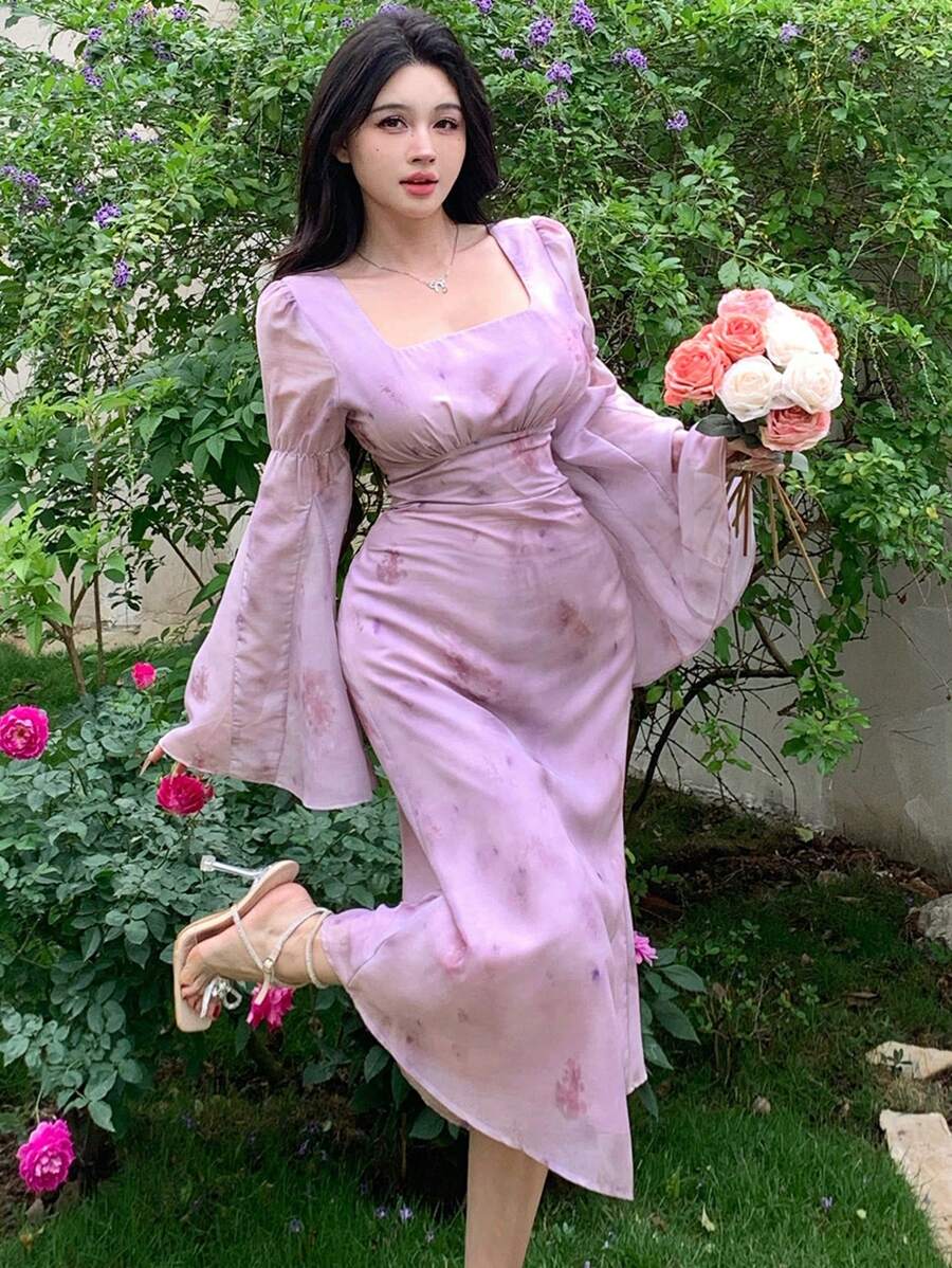 DAZY Spring New Arrival Valentine's Day Plant Print Waist Cinched Sundress, Muse Dress, Vacation Style For Women Floral Elegant,Fall Dress Long Sleeve Dress - Purple - View 1
