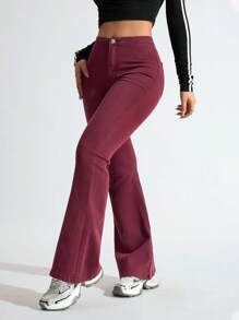 SHEIN Privé Women's Flared Casual Versatile Denim Jeans - Burgundy - View 5