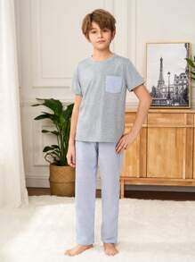 SHEIN Tween Boy Casual Simple Stripe Pattern Round Neck Pocket Tee & Pants 2 Pieces Sleepwear Lounge Set - Grey - View 5