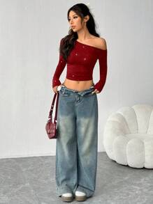 SHEIN EZwear Women's Sparkle Top, Dark Red Glitter Bling Top, One Shoulder Long Sleeve Crop Top,Off The Shoulder Top