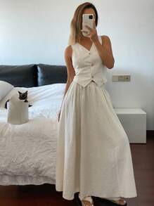 DAZY 2 件套女士套装：纯色单排扣背心和亚麻褶皱 A 字裙