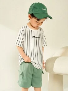 SHEIN Leap Crew Young Boy Letter Print Striped Tee - White - View 1