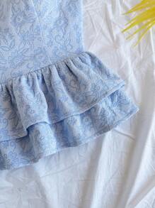 Soleia 女人度假女士休闲天蓝色提花领带露背荷叶边抹胸夏季可爱午餐休闲返校天蓝色上衣