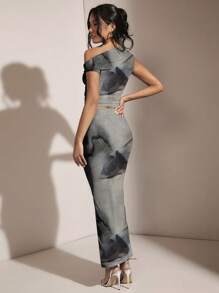 SHEIN BAE 女士优雅扎染图案不对称肩部褶皱修身背心和褶皱紧身裙套装