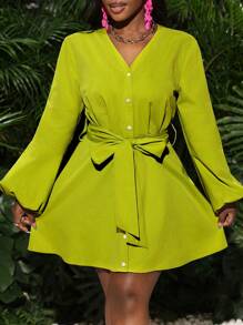 Slaydiva Elegantes Pendlerkleid, einfarbiges grünes Kleid mit Ballonärmeln, Patchwork V-Ausschnitt, anmutige Damen-Kleidung